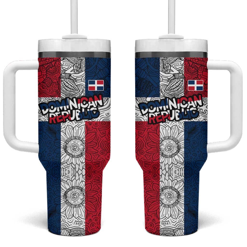 Dominican Republic Flag Tumbler With Handle Red White and Blue Pattern with National Emblem and Tribal Design - Wonder Print Shop