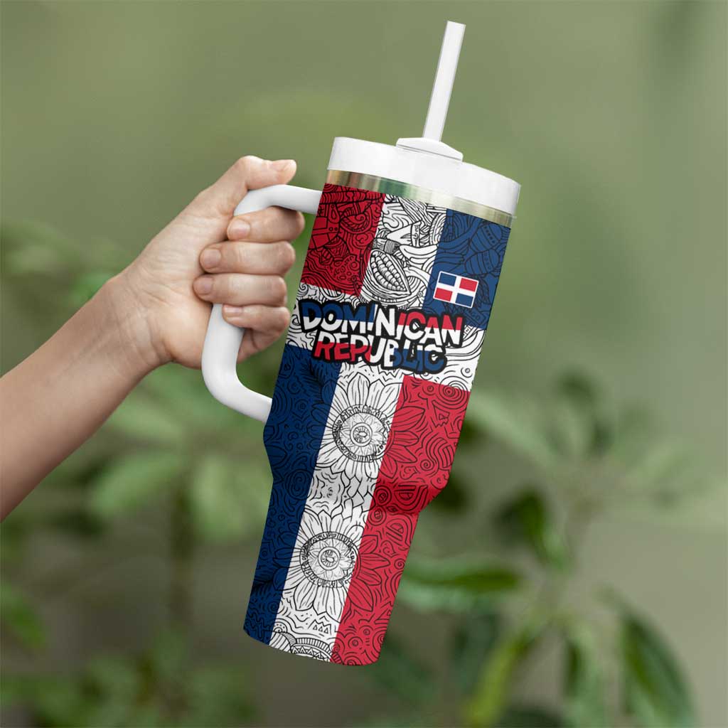 Dominican Republic Flag Tumbler With Handle Red White and Blue Pattern with National Emblem and Tribal Design - Wonder Print Shop