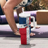 Dominican Republic Flag Tumbler With Handle Red White and Blue Pattern with National Emblem and Tribal Design - Wonder Print Shop