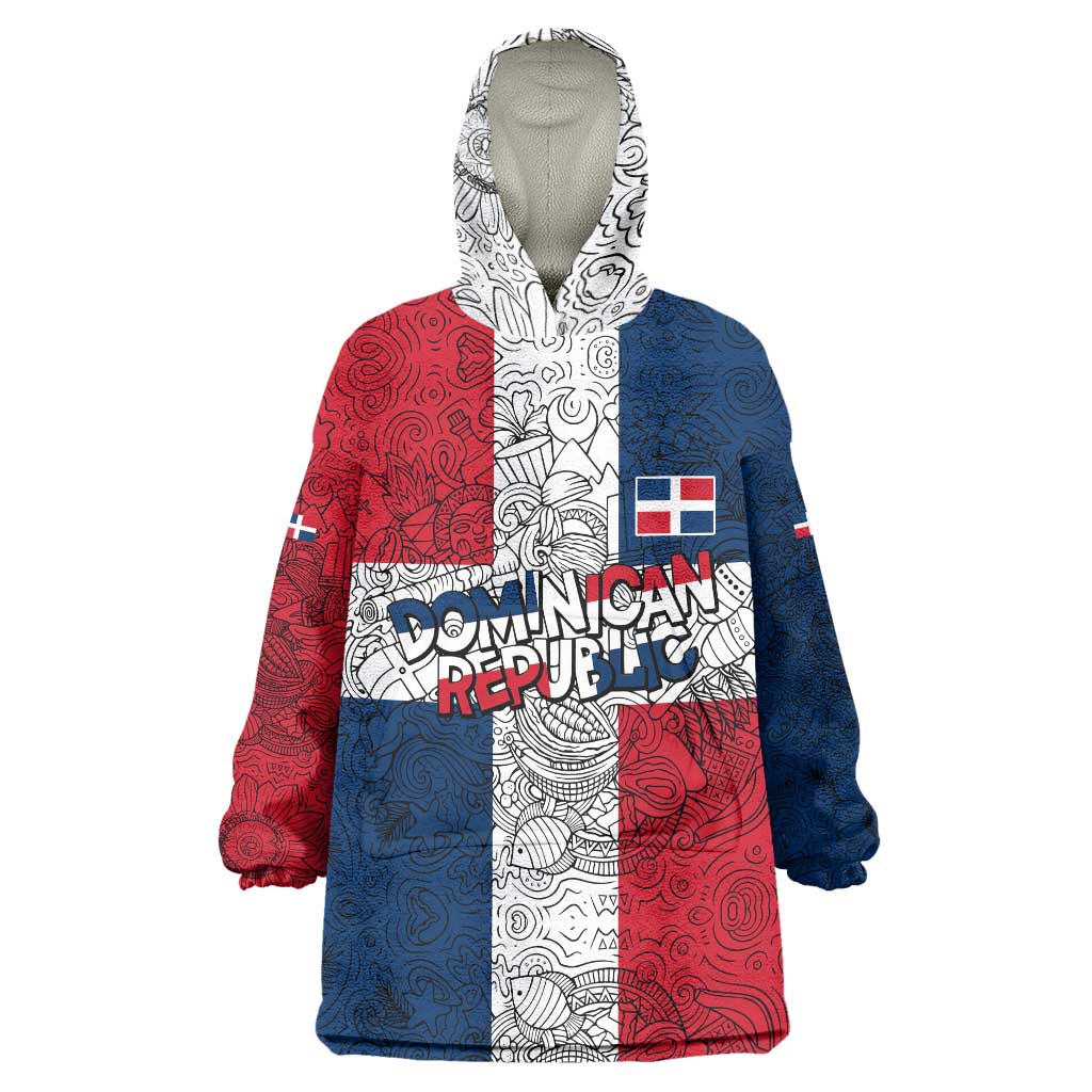 Dominican Republic Flag Wearable Blanket Hoodie Red White and Blue Pattern with National Emblem and Tribal Design - Wonder Print Shop