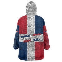 Dominican Republic Flag Wearable Blanket Hoodie Red White and Blue Pattern with National Emblem and Tribal Design - Wonder Print Shop