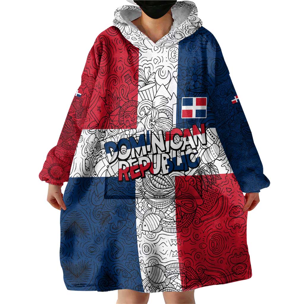 Dominican Republic Flag Wearable Blanket Hoodie Red White and Blue Pattern with National Emblem and Tribal Design - Wonder Print Shop