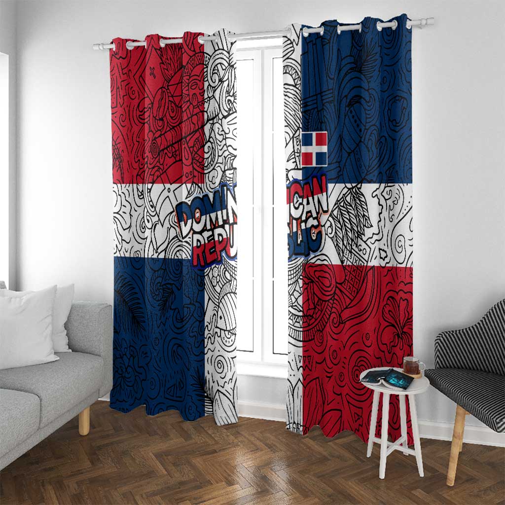 Dominican Republic Flag Window Curtain Red White and Blue Pattern with National Emblem and Tribal Design - Wonder Print Shop