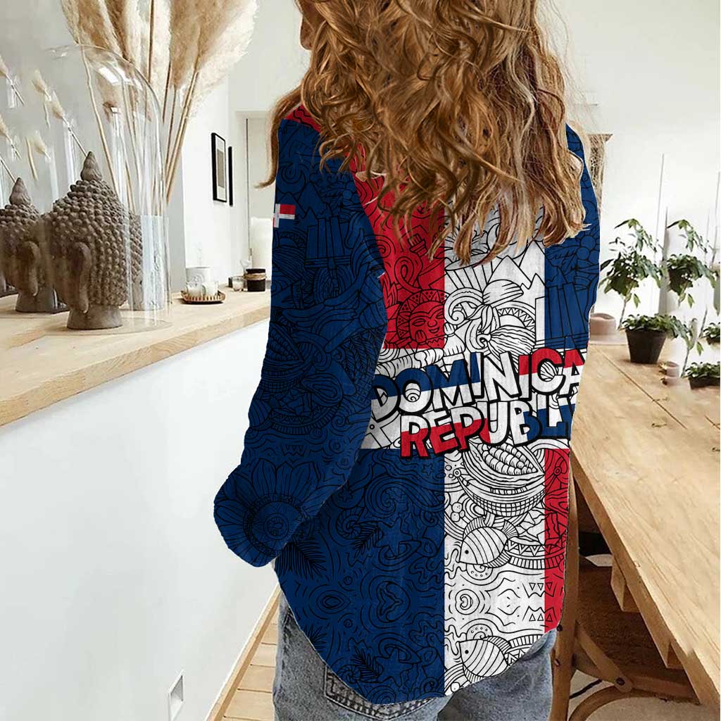 Dominican Republic Flag Women Casual Shirt Red White and Blue Pattern with National Emblem and Tribal Design - Wonder Print Shop