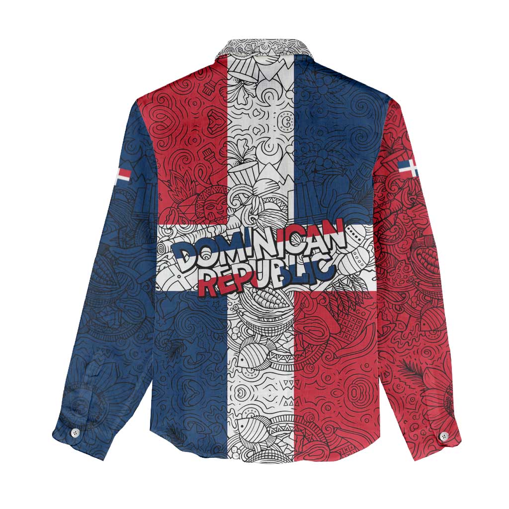 Dominican Republic Flag Women Casual Shirt Red White and Blue Pattern with National Emblem and Tribal Design - Wonder Print Shop