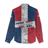 Dominican Republic Flag Women Casual Shirt Red White and Blue Pattern with National Emblem and Tribal Design - Wonder Print Shop