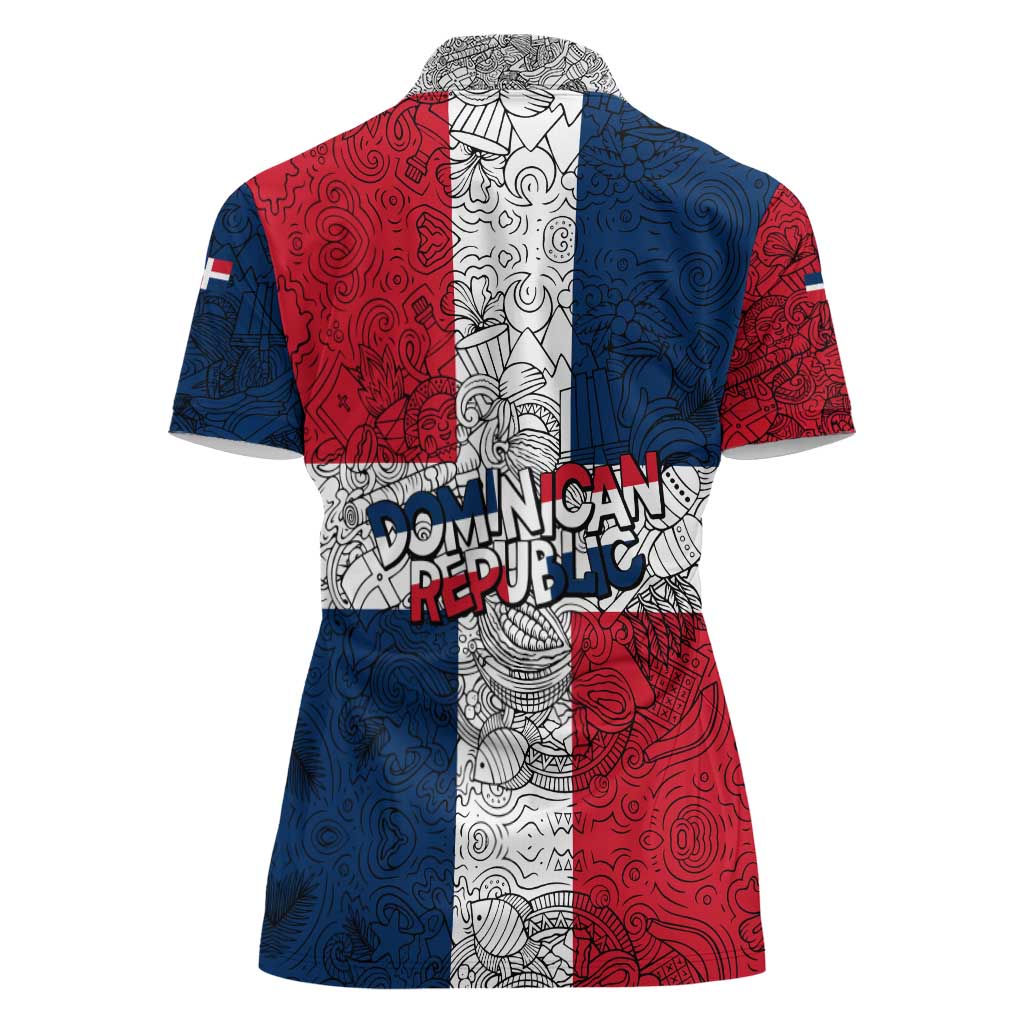 Dominican Republic Flag Women Polo Shirt Red White and Blue Pattern with National Emblem and Tribal Design - Wonder Print Shop