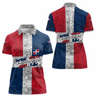Dominican Republic Flag Women Polo Shirt Red White and Blue Pattern with National Emblem and Tribal Design - Wonder Print Shop