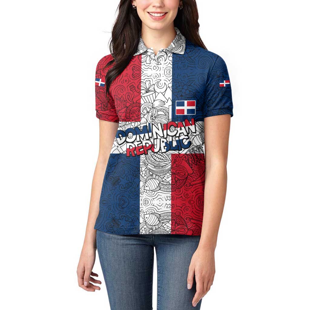 Dominican Republic Flag Women Polo Shirt Red White and Blue Pattern with National Emblem and Tribal Design - Wonder Print Shop