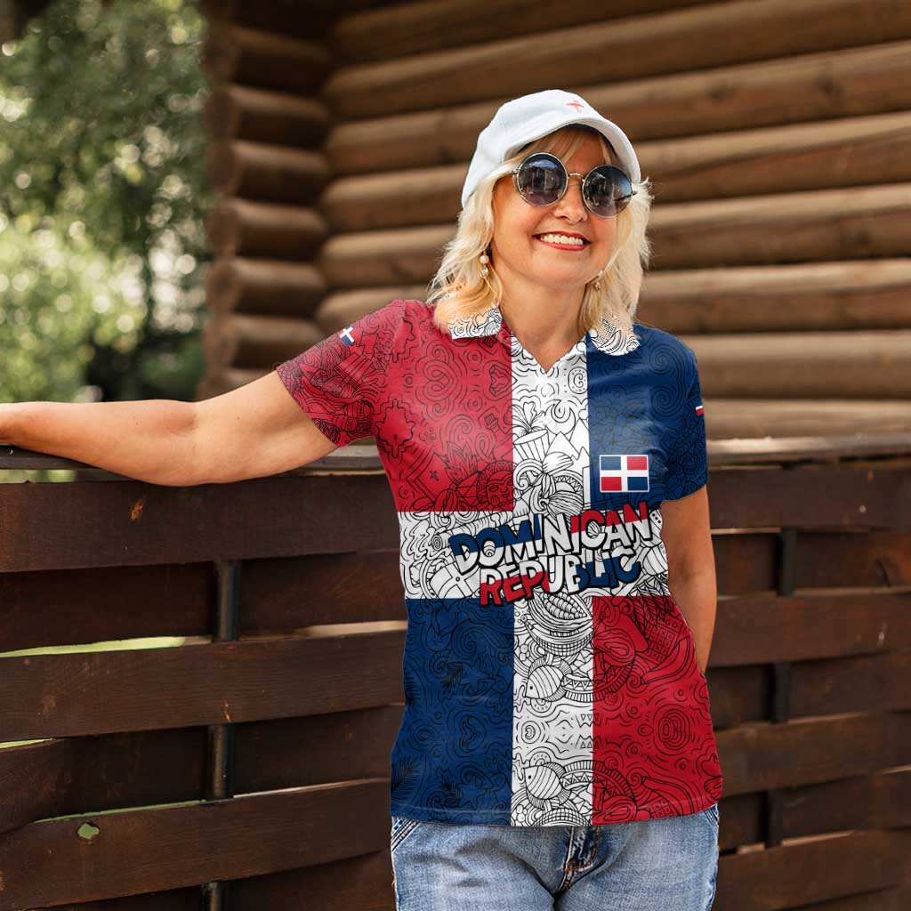 Dominican Republic Flag Women Polo Shirt Red White and Blue Pattern with National Emblem and Tribal Design - Wonder Print Shop