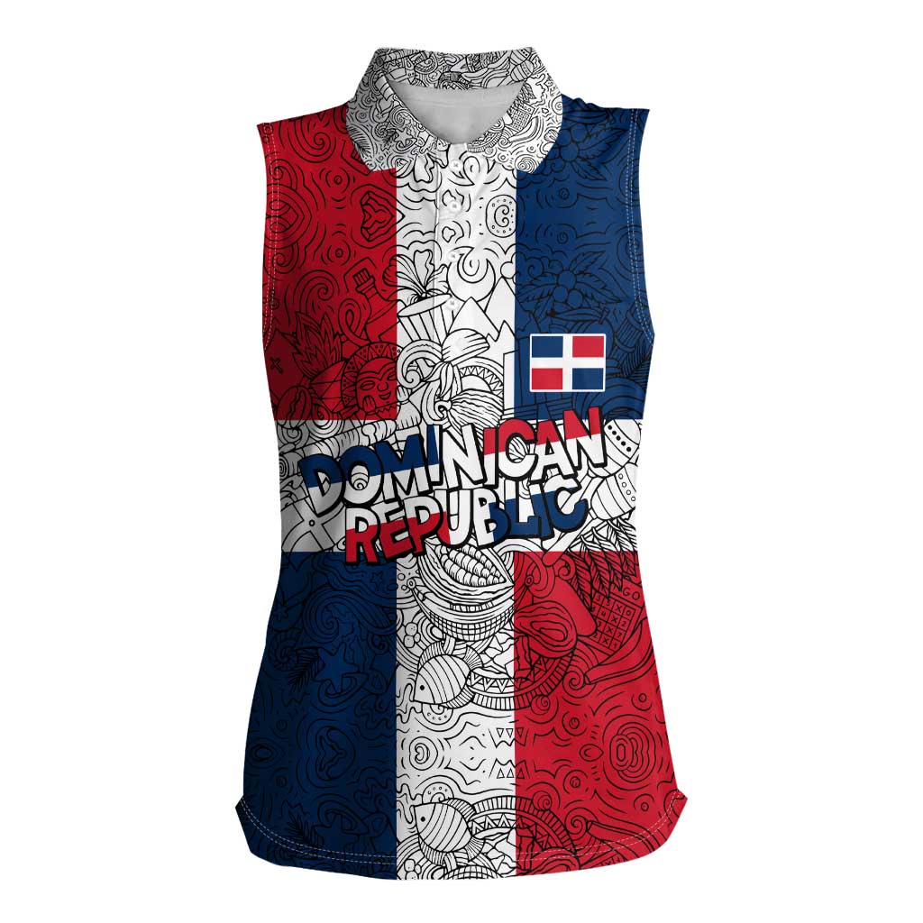 Dominican Republic Flag Women Sleeveless Polo Shirt Red White and Blue Pattern with National Emblem and Tribal Design - Wonder Print Shop