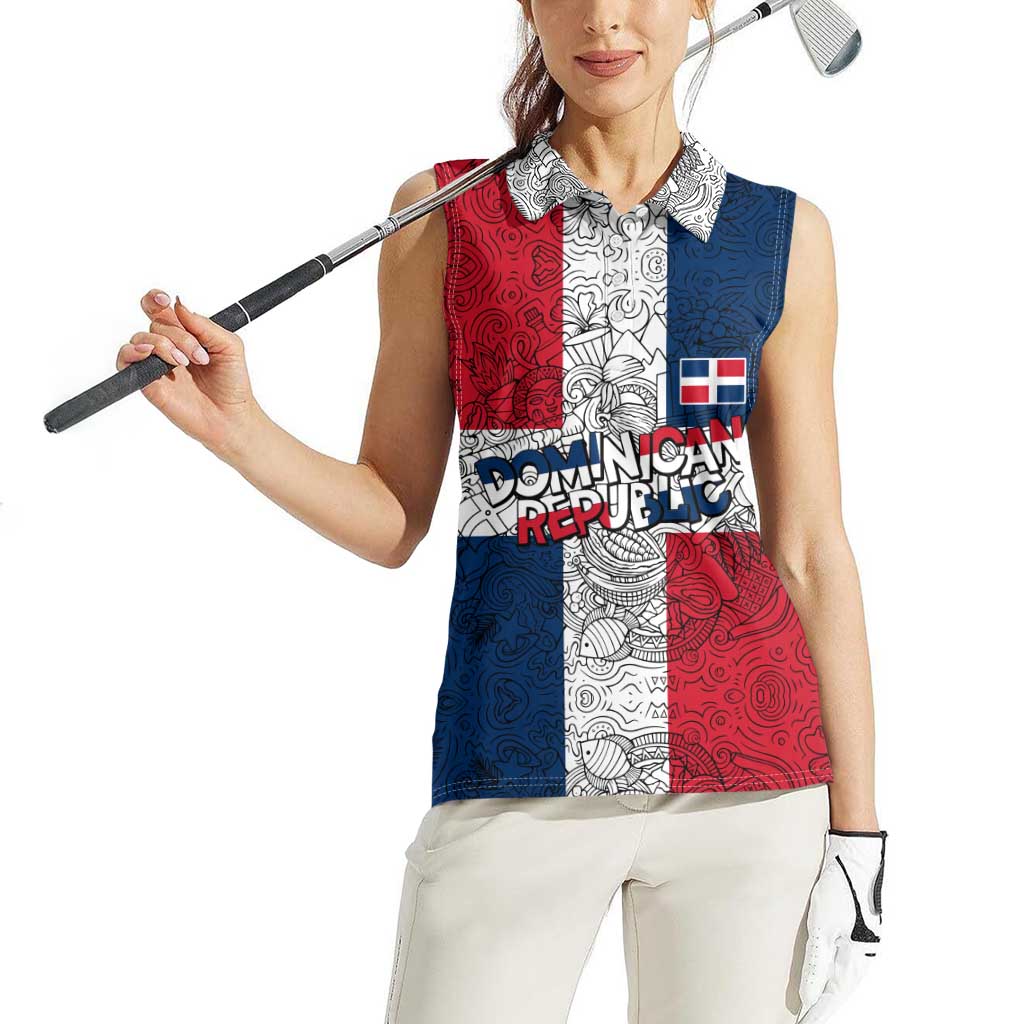 Dominican Republic Flag Women Sleeveless Polo Shirt Red White and Blue Pattern with National Emblem and Tribal Design - Wonder Print Shop