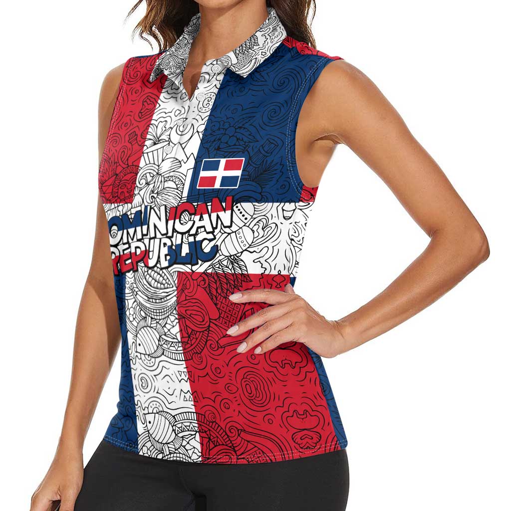 Dominican Republic Flag Women Sleeveless Polo Shirt Red White and Blue Pattern with National Emblem and Tribal Design - Wonder Print Shop