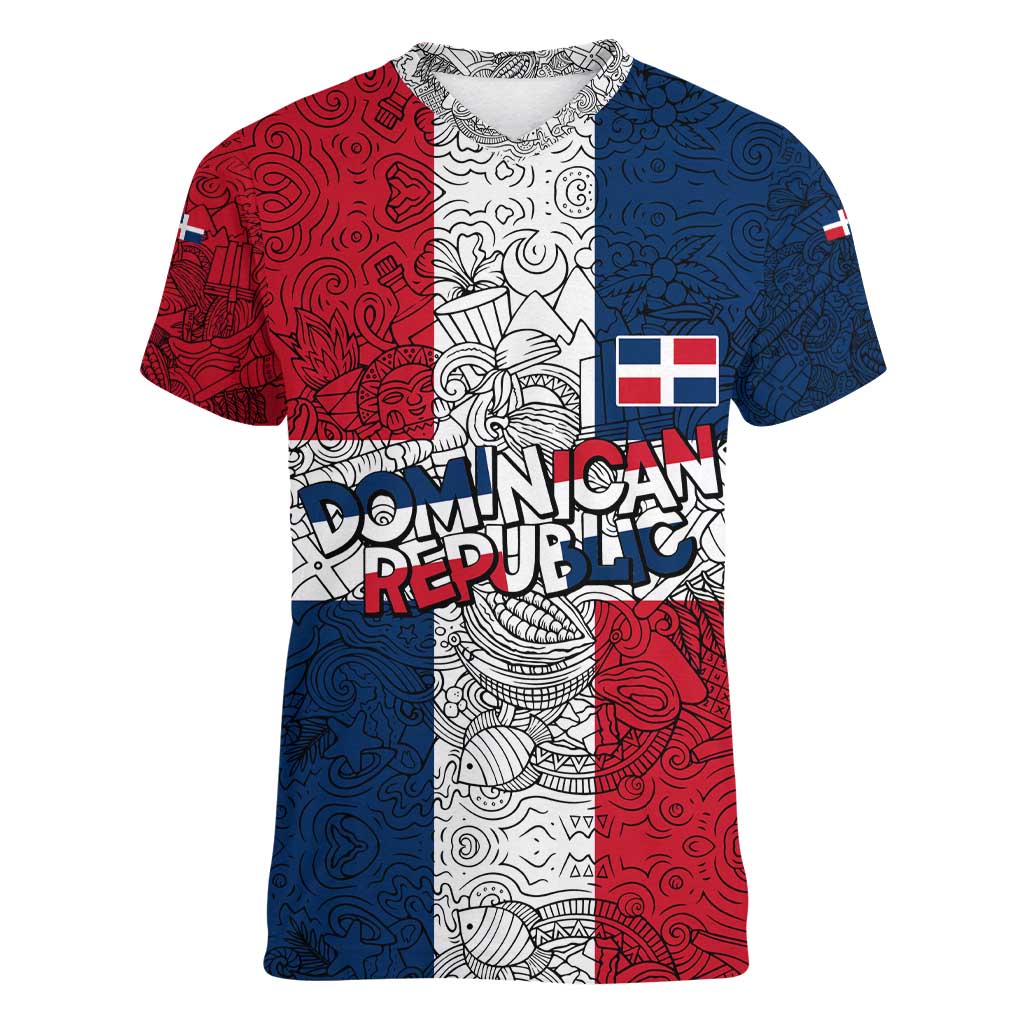 Dominican Republic Flag Women V-Neck T-Shirt Red White and Blue Pattern with National Emblem and Tribal Design - Wonder Print Shop