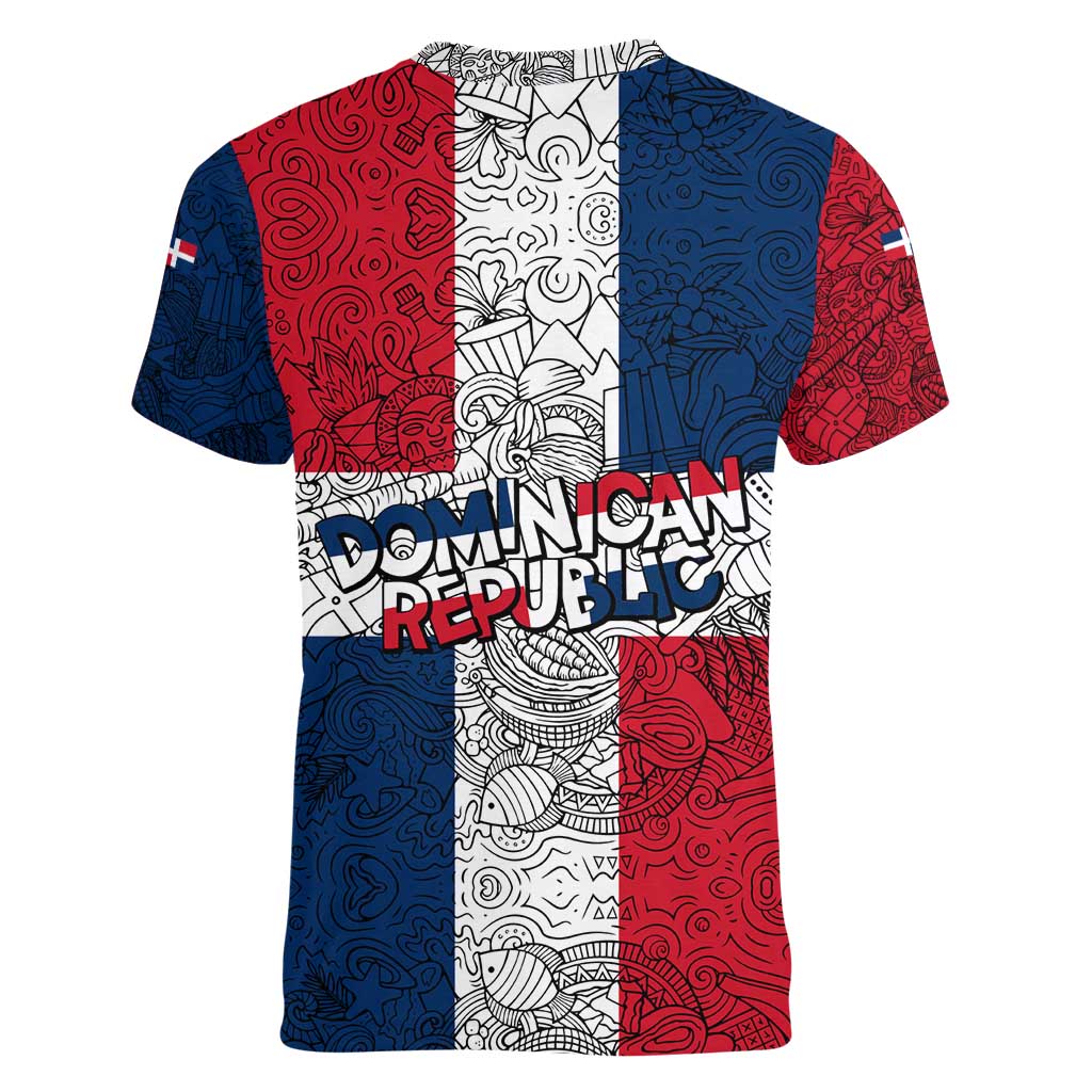 Dominican Republic Flag Women V-Neck T-Shirt Red White and Blue Pattern with National Emblem and Tribal Design - Wonder Print Shop