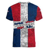Dominican Republic Flag Women V-Neck T-Shirt Red White and Blue Pattern with National Emblem and Tribal Design - Wonder Print Shop