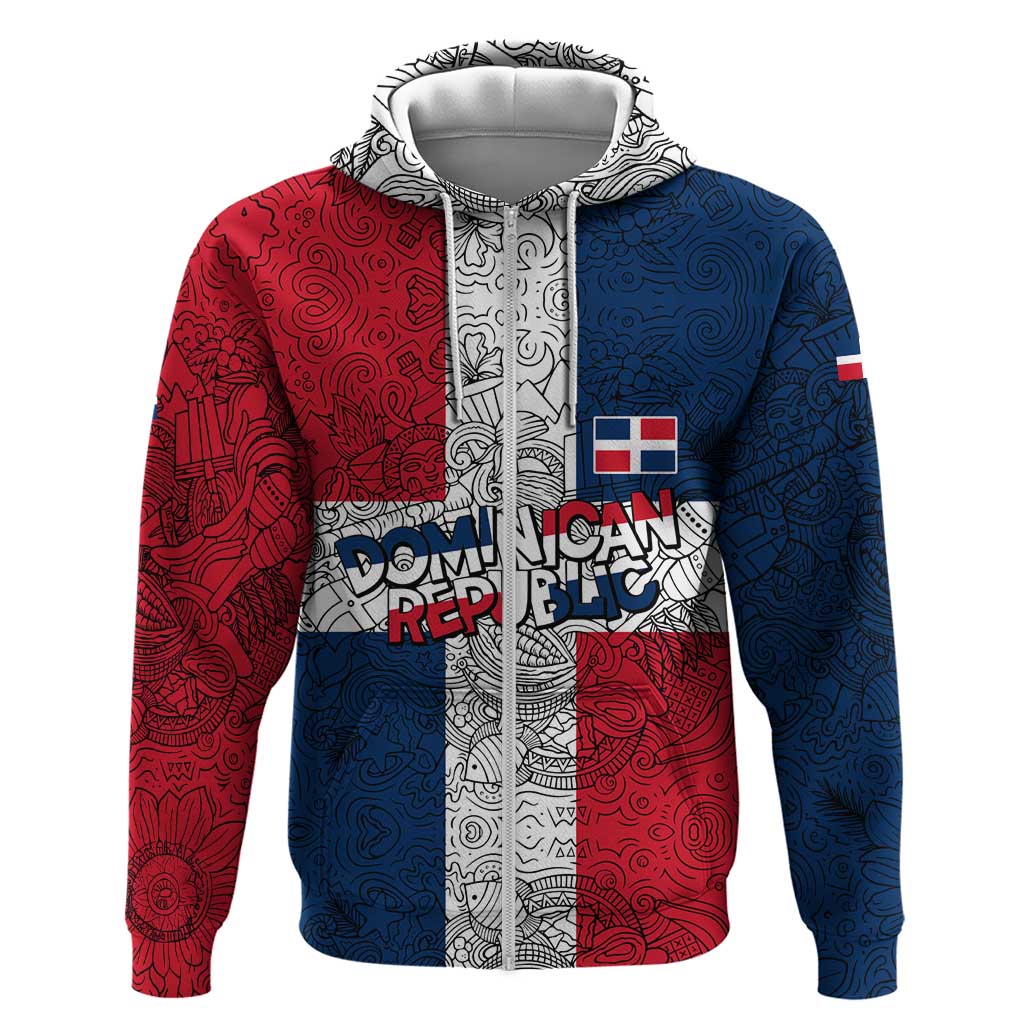 Dominican Republic Flag Zip Hoodie Red White and Blue Pattern with National Emblem and Tribal Design - Wonder Print Shop