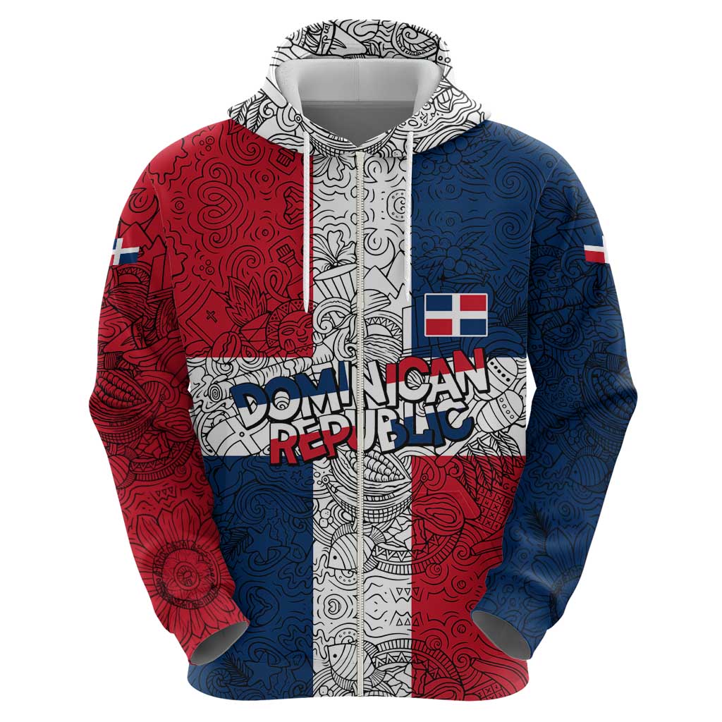 Dominican Republic Flag Zip Hoodie Red White and Blue Pattern with National Emblem and Tribal Design - Wonder Print Shop