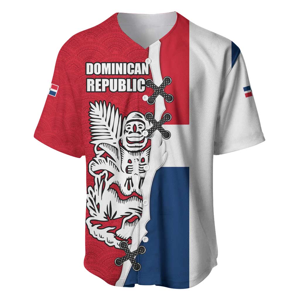 Dominican Republic Flag Half Zip Design Baseball Jersey with Coat of Arms and Taino Symbol - Wonder Print Shop
