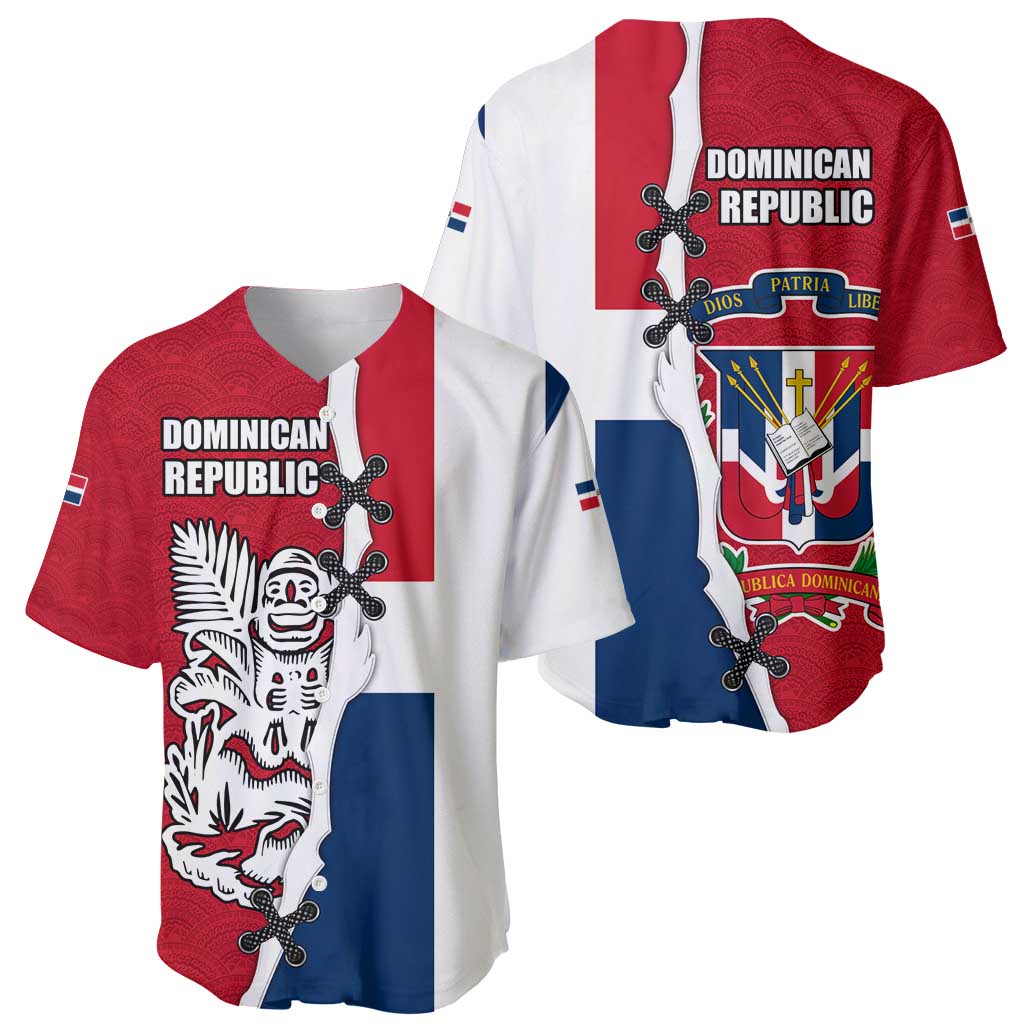 Dominican Republic Flag Half Zip Design Baseball Jersey with Coat of Arms and Taino Symbol - Wonder Print Shop