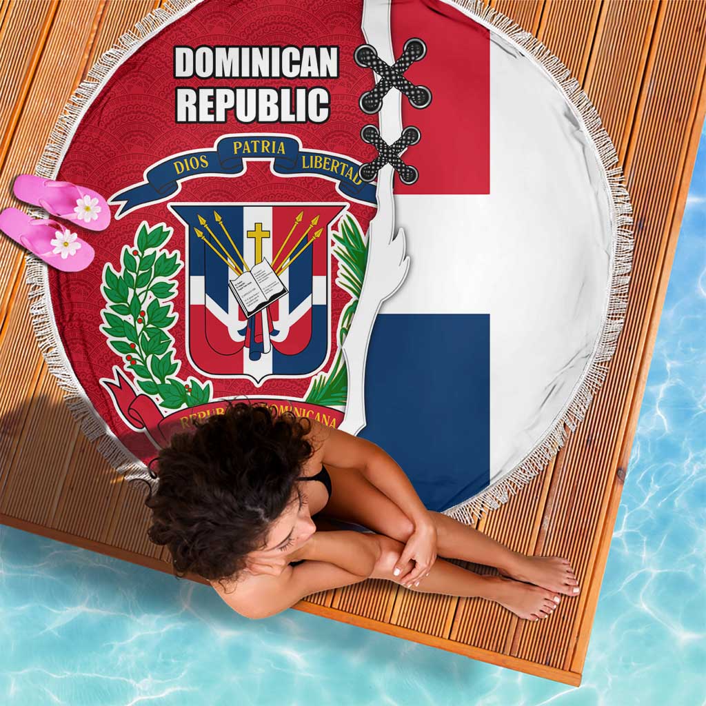 Dominican Republic Flag Half Zip Design Beach Blanket with Coat of Arms and Taino Symbol - Wonder Print Shop