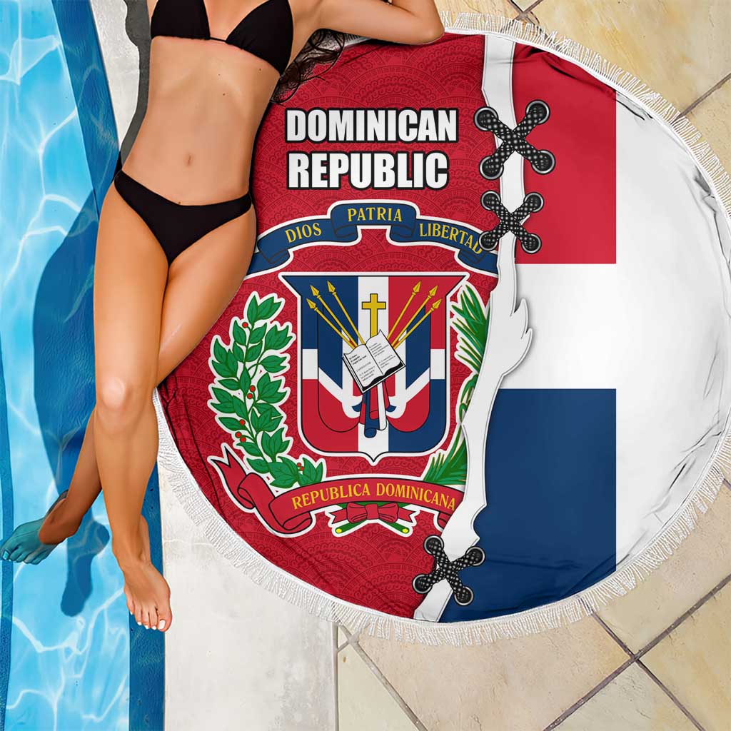 Dominican Republic Flag Half Zip Design Beach Blanket with Coat of Arms and Taino Symbol - Wonder Print Shop