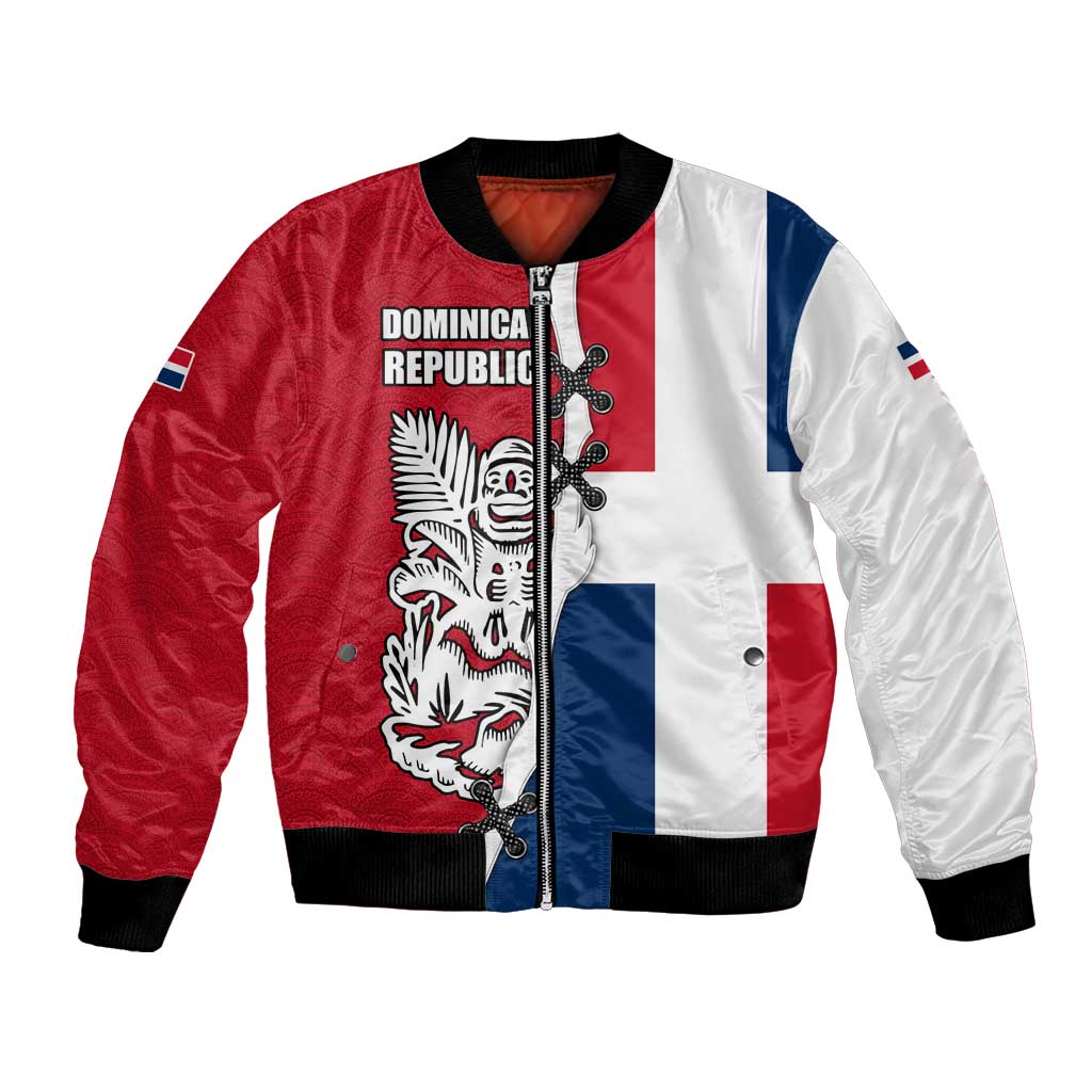 Dominican Republic Flag Half Zip Design Bomber Jacket with Coat of Arms and Taino Symbol - Wonder Print Shop