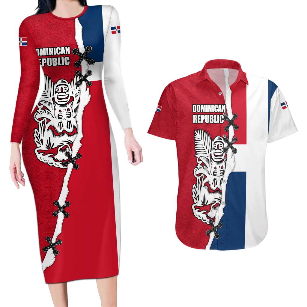 Dominican Republic Flag Half Zip Design Couples Matching Long Sleeve Bodycon Dress and Hawaiian Shirt with Coat of Arms and Taino Symbol - Wonder Print Shop