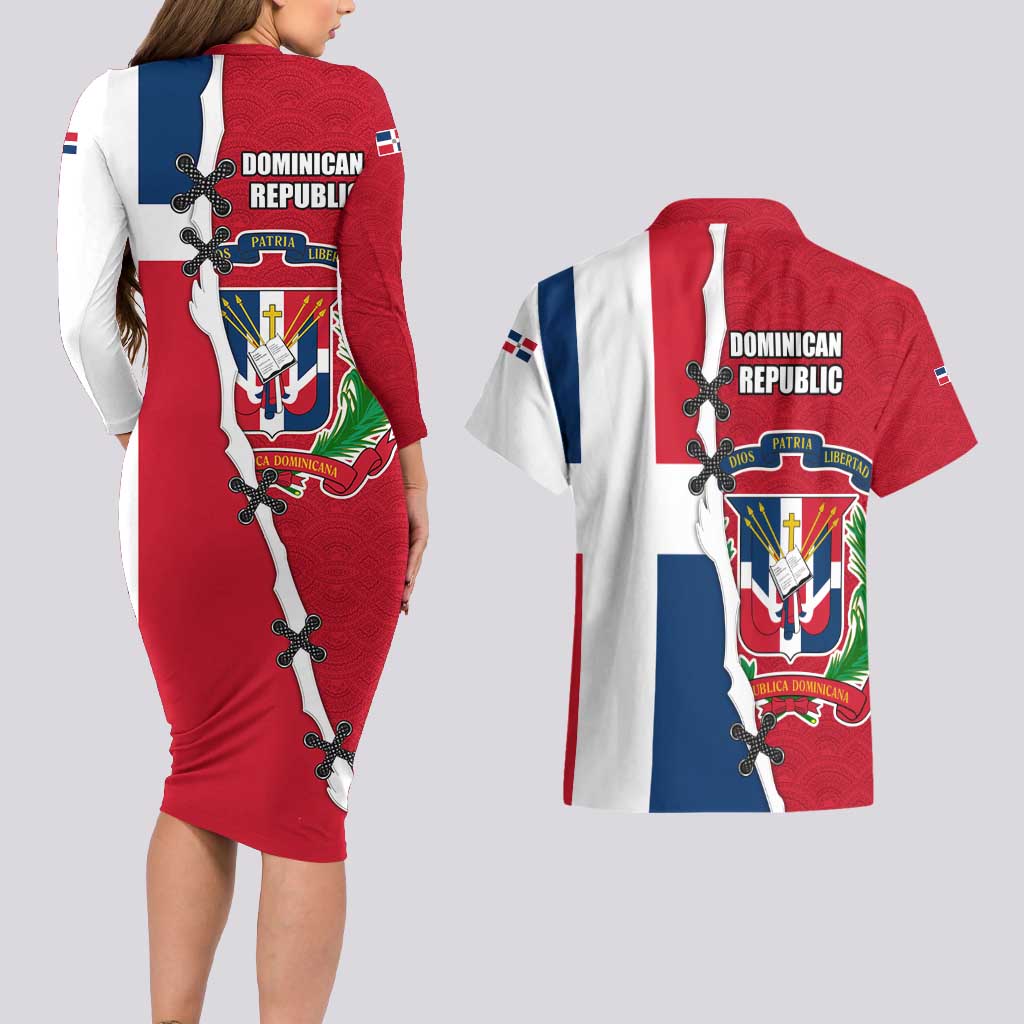 Dominican Republic Flag Half Zip Design Couples Matching Long Sleeve Bodycon Dress and Hawaiian Shirt with Coat of Arms and Taino Symbol - Wonder Print Shop