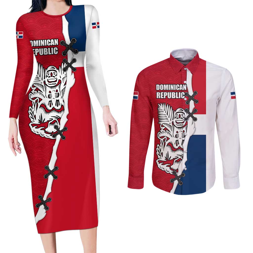 Dominican Republic Flag Half Zip Design Couples Matching Long Sleeve Bodycon Dress and Long Sleeve Button Shirt with Coat of Arms and Taino Symbol - Wonder Print Shop