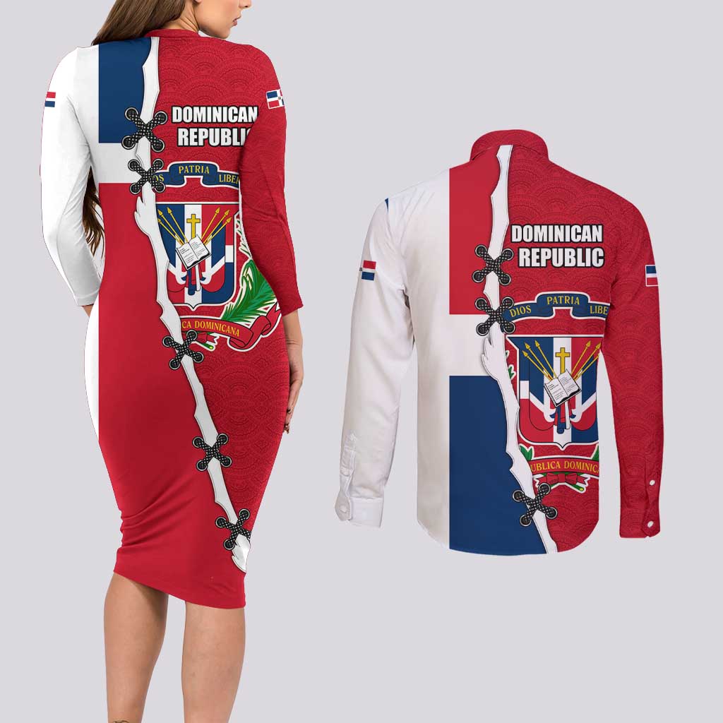 Dominican Republic Flag Half Zip Design Couples Matching Long Sleeve Bodycon Dress and Long Sleeve Button Shirt with Coat of Arms and Taino Symbol - Wonder Print Shop