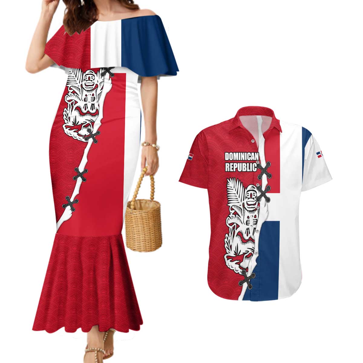 Dominican Republic Flag Half Zip Design Couples Matching Mermaid Dress and Hawaiian Shirt with Coat of Arms and Taino Symbol - Wonder Print Shop