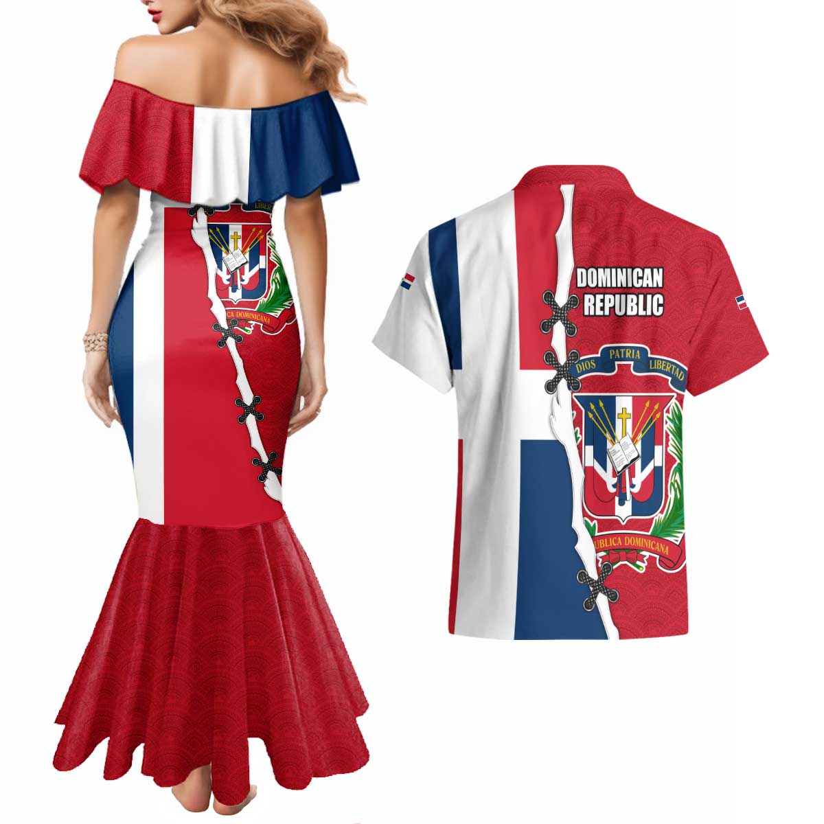 Dominican Republic Flag Half Zip Design Couples Matching Mermaid Dress and Hawaiian Shirt with Coat of Arms and Taino Symbol - Wonder Print Shop
