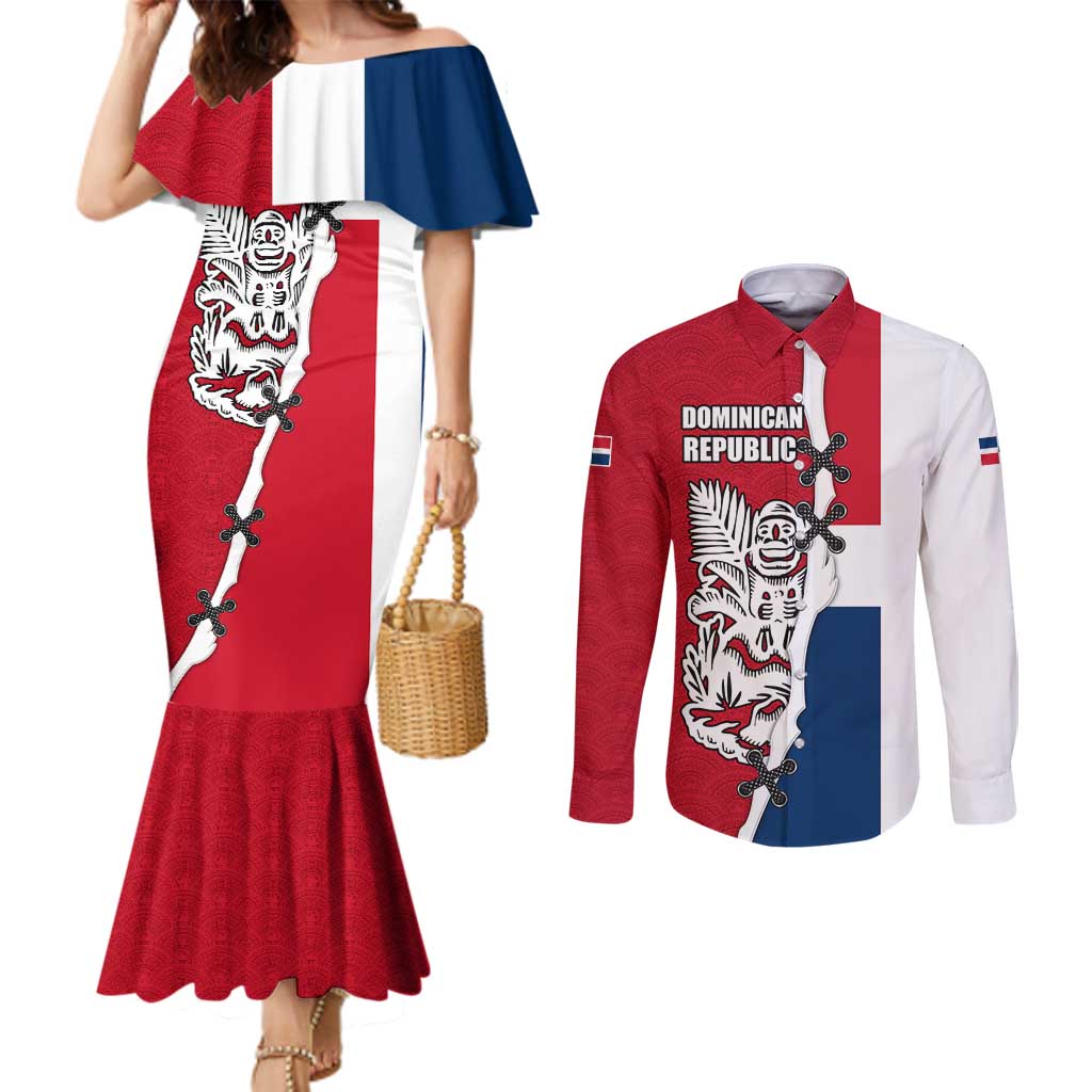 Dominican Republic Flag Half Zip Design Couples Matching Mermaid Dress and Long Sleeve Button Shirt with Coat of Arms and Taino Symbol - Wonder Print Shop