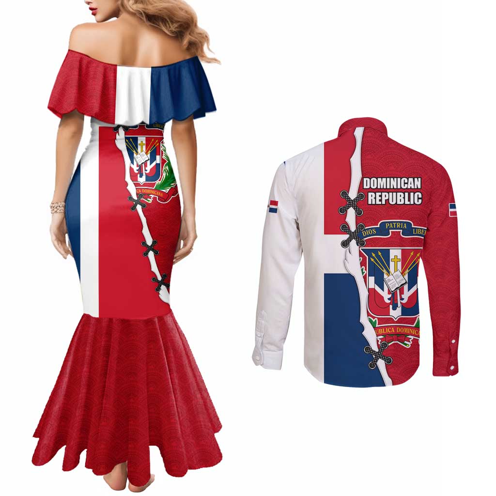 Dominican Republic Flag Half Zip Design Couples Matching Mermaid Dress and Long Sleeve Button Shirt with Coat of Arms and Taino Symbol - Wonder Print Shop
