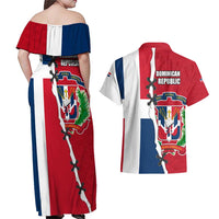 Dominican Republic Flag Half Zip Design Couples Matching Off Shoulder Maxi Dress and Hawaiian Shirt with Coat of Arms and Taino Symbol - Wonder Print Shop
