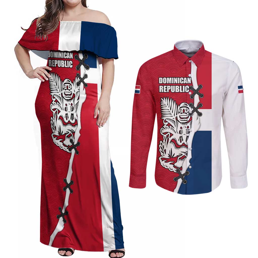 Dominican Republic Flag Half Zip Design Couples Matching Off Shoulder Maxi Dress and Long Sleeve Button Shirt with Coat of Arms and Taino Symbol - Wonder Print Shop