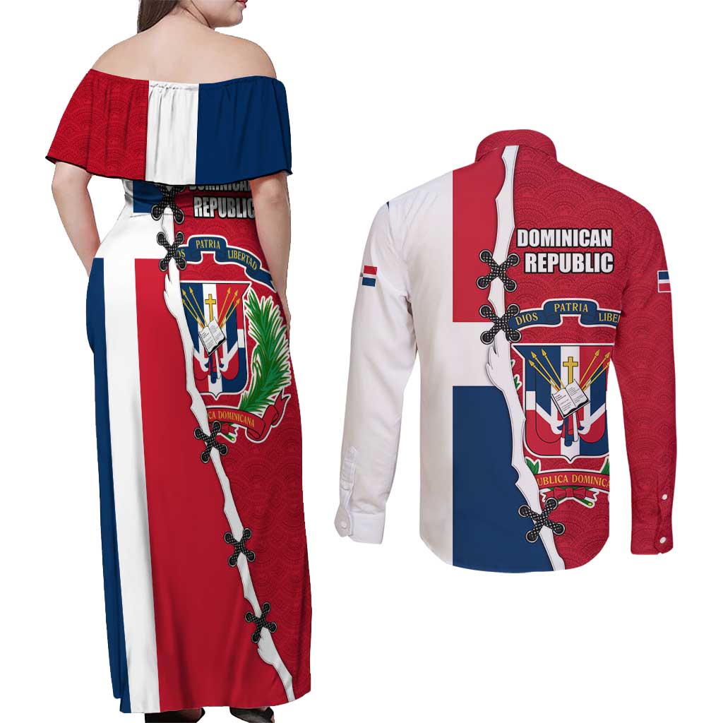 Dominican Republic Flag Half Zip Design Couples Matching Off Shoulder Maxi Dress and Long Sleeve Button Shirt with Coat of Arms and Taino Symbol - Wonder Print Shop
