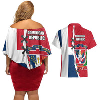 Dominican Republic Flag Half Zip Design Couples Matching Off Shoulder Short Dress and Hawaiian Shirt with Coat of Arms and Taino Symbol - Wonder Print Shop