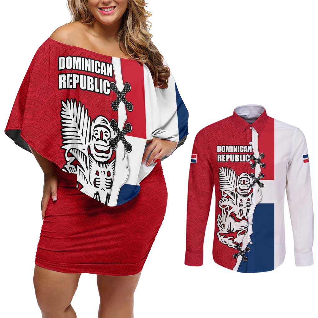 Dominican Republic Flag Half Zip Design Couples Matching Off Shoulder Short Dress and Long Sleeve Button Shirt with Coat of Arms and Taino Symbol - Wonder Print Shop