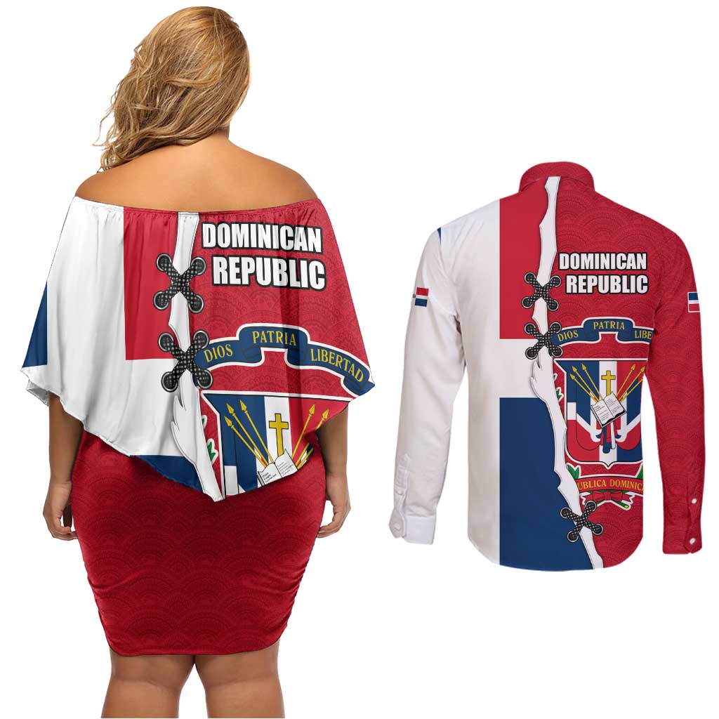 Dominican Republic Flag Half Zip Design Couples Matching Off Shoulder Short Dress and Long Sleeve Button Shirt with Coat of Arms and Taino Symbol - Wonder Print Shop
