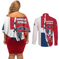 Dominican Republic Flag Half Zip Design Couples Matching Off Shoulder Short Dress and Long Sleeve Button Shirt with Coat of Arms and Taino Symbol - Wonder Print Shop