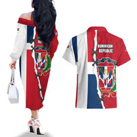 Dominican Republic Flag Half Zip Design Couples Matching Off The Shoulder Long Sleeve Dress and Hawaiian Shirt with Coat of Arms and Taino Symbol - Wonder Print Shop
