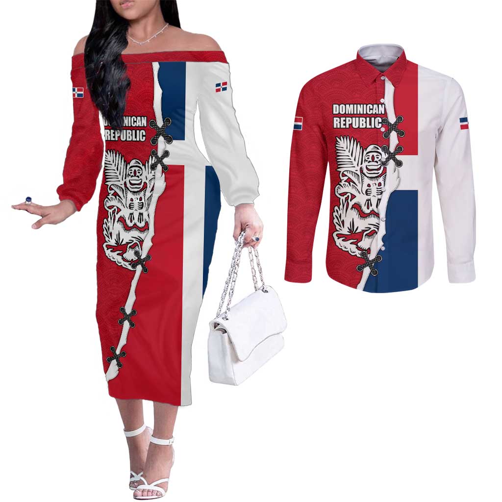 Dominican Republic Flag Half Zip Design Couples Matching Off The Shoulder Long Sleeve Dress and Long Sleeve Button Shirt with Coat of Arms and Taino Symbol - Wonder Print Shop