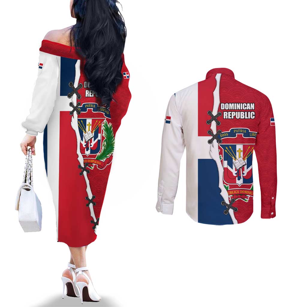 Dominican Republic Flag Half Zip Design Couples Matching Off The Shoulder Long Sleeve Dress and Long Sleeve Button Shirt with Coat of Arms and Taino Symbol - Wonder Print Shop