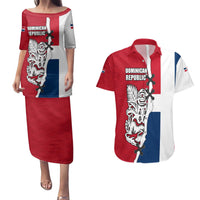 Dominican Republic Flag Half Zip Design Couples Matching Puletasi and Hawaiian Shirt with Coat of Arms and Taino Symbol - Wonder Print Shop