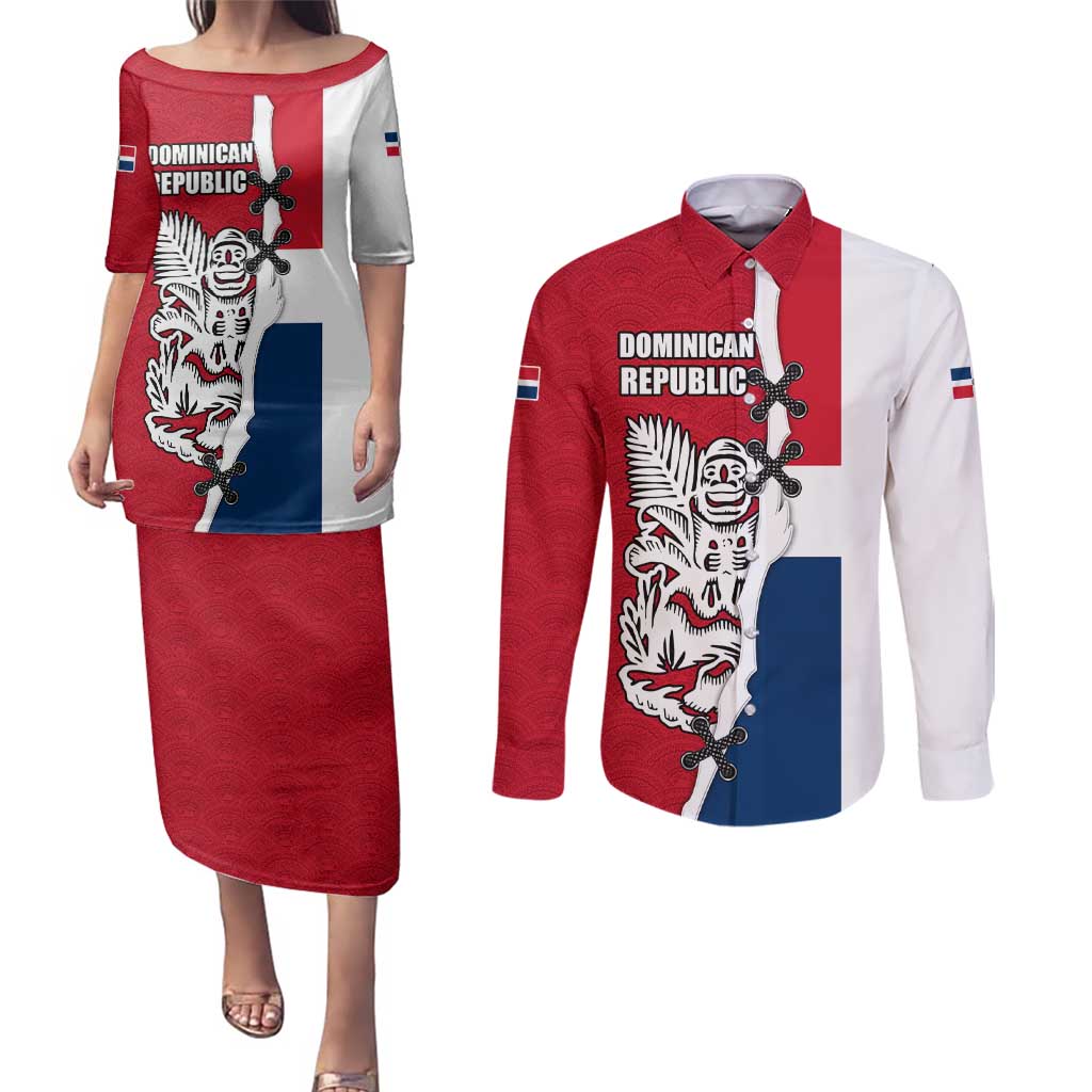 Dominican Republic Flag Half Zip Design Couples Matching Puletasi and Long Sleeve Button Shirt with Coat of Arms and Taino Symbol - Wonder Print Shop
