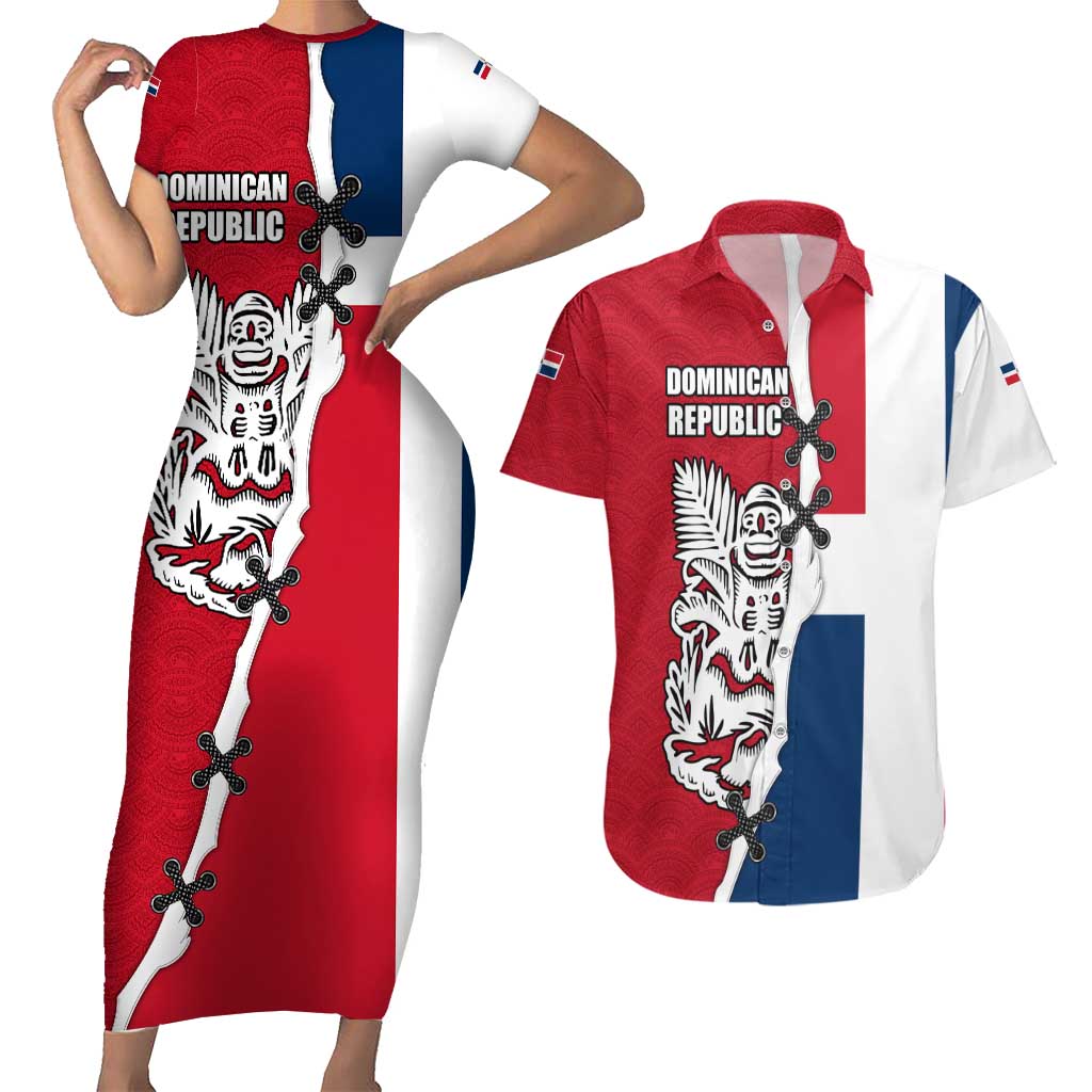 Dominican Republic Flag Half Zip Design Couples Matching Short Sleeve Bodycon Dress and Hawaiian Shirt with Coat of Arms and Taino Symbol - Wonder Print Shop