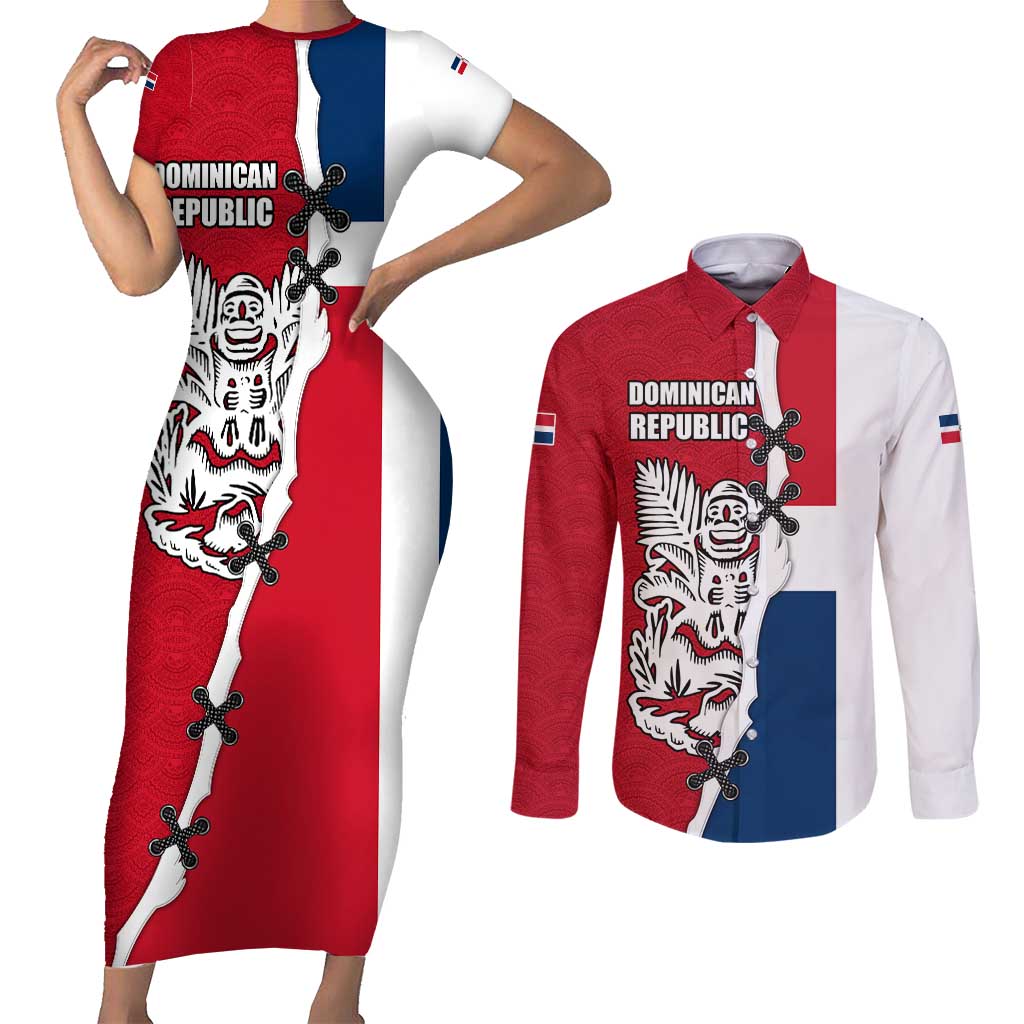 Dominican Republic Flag Half Zip Design Couples Matching Short Sleeve Bodycon Dress and Long Sleeve Button Shirt with Coat of Arms and Taino Symbol - Wonder Print Shop