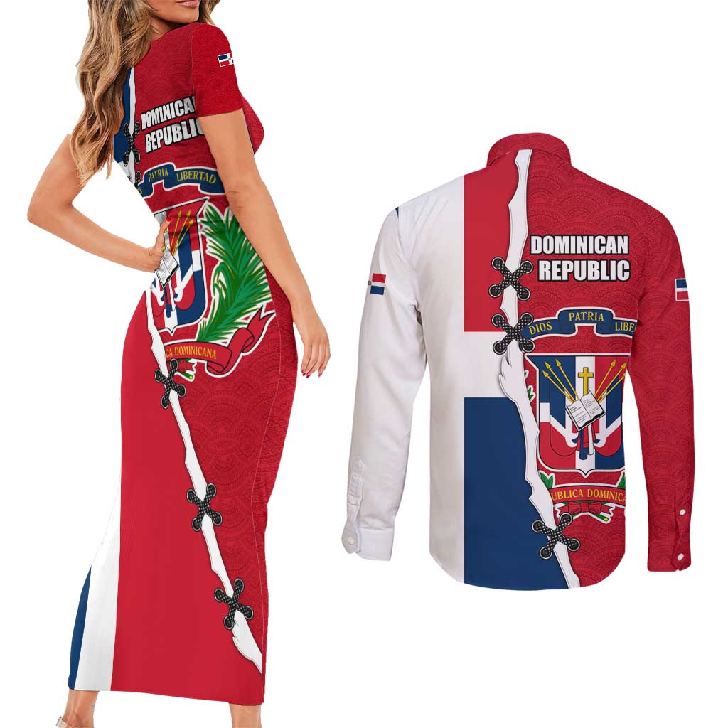 Dominican Republic Flag Half Zip Design Couples Matching Short Sleeve Bodycon Dress and Long Sleeve Button Shirt with Coat of Arms and Taino Symbol - Wonder Print Shop